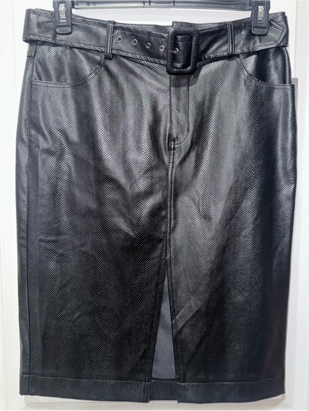 Women’s Black Faux Leather Belted Pencil Skirt with Slit